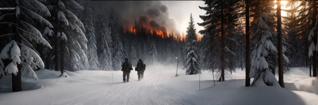 Soldiers in winter camouflaged uniform in Modern warfare army on a snow day on forest battlefield with a rifle. Contemporary battlefield. Modern war. Special military operation. Banner. Generative AI