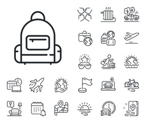 Travel baggage bag sign. Plane jet, travel map and baggage claim outline icons. Backpack line icon. Handbag luggage symbol. Backpack line sign. Car rental, taxi transport icon. Place location. Vector