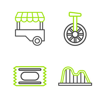 Set line Roller coaster, Circus ticket, Unicycle or one wheel bicycle and Fast street food cart icon. Vector