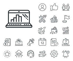 Column chart sign. Salaryman, gender equality and alert bell outline icons. Graph laptop line icon. Growth diagram symbol. Graph laptop line sign. Spy or profile placeholder icon. Vector