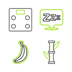 Set line Bamboo, Banana, Sleepy and Bathroom scales icon. Vector