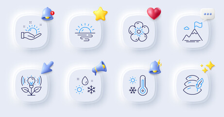 Incubator, Mountain flag and Pillow line icons. Buttons with 3d bell, chat speech, cursor. Pack of Weather thermometer, Weather, Natural linen icon. Sunrise pictogram. For web app, printing. Vector