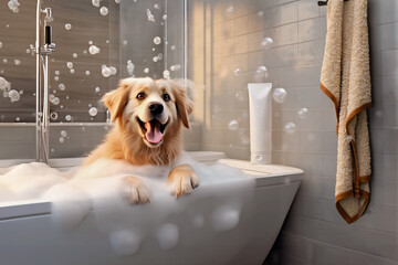 Funny dog sits in a bathtub with foam, bathes.