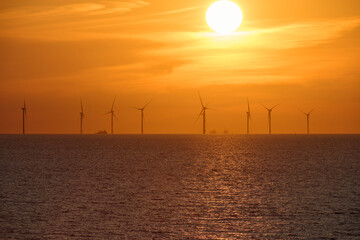 Obraz premium Wind farm on the North Sea off the coast of The Hague during sunset