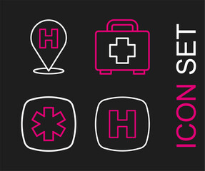 Set line Hospital signboard, Emergency - Star of Life, First aid kit and Location hospital icon. Vector