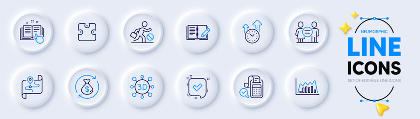 Puzzle, Technical documentation and Time management line icons for web app. Pack of Web3, Jobless, Infographic graph pictogram icons. Bill accounting, Confirmed, Map signs. Equality. Vector