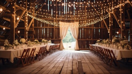 A rustic barn wedding with string lights and wildflowers. Generative AI