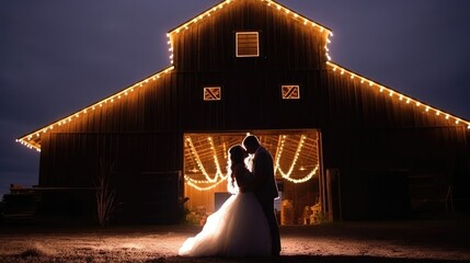 A rustic barn wedding with string lights and wildflowers. Generative AI - obrazy, fototapety, plakaty