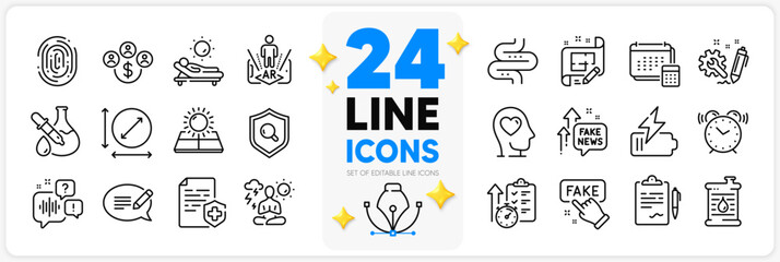 Icons set of Medical certificate, Intestine and Alarm clock line icons pack for app with Engineering, Augmented reality, Sun energy thin outline icon. Timer, Architect plan, Lounger pictogram. Vector