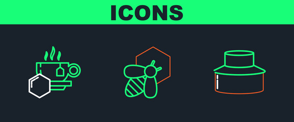Set line Beekeeper with protect hat, Cup of tea honey and and honeycomb icon. Vector