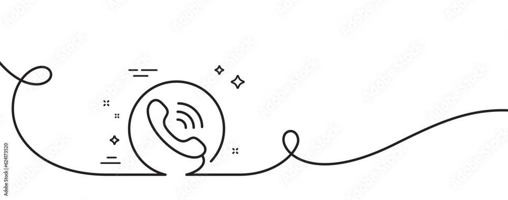 Poster call center service line icon. continuous one line with curl. phone support sign. feedback symbol. c