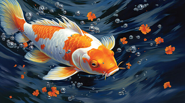Illustration of a detailed orange and white koi fish swimming underwater surrounded by water bubbles.