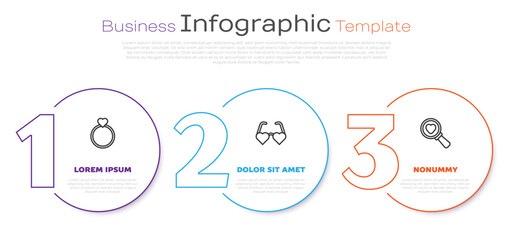 Set line Wedding rings, Heart shaped love glasses and Search heart and. Business infographic template. Vector