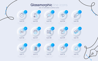 Set of Shield, Report and Timer line icons for web app. 360 degrees, Inventory cart, Dollar icons. Ranking stars, Christmas tree, Refrigerator app signs. Hand, Skyscraper buildings. Vector