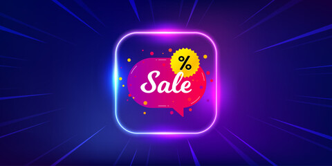 Sale banner. Neon light frame offer banner. Discount sticker shape. Coupon chat bubble icon. Sale sticker promo event flyer, poster. Sunburst neon coupon. Flash special deal. Vector