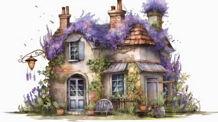 Watercolor fairy tale house overgrown with large lavender flowers and field herbs. copy space. illustration for postcard or book. Generative AI
