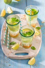 Cold lemonade with crushed ice and sugar.