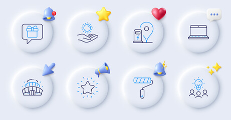 Rank star, Notebook and Charging station line icons. Buttons with 3d bell, chat speech, cursor. Pack of Business idea, Paint roller, Wish list icon. Sun protection, Arena stadium pictogram. Vector