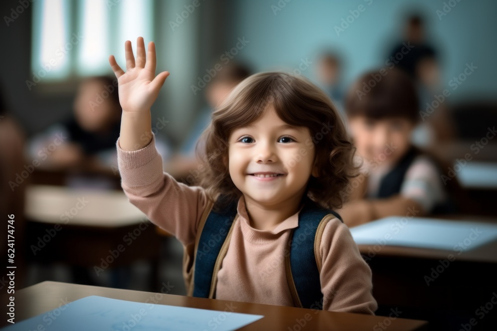 Wall mural the child raises his hand for an answer in the classroom. back to school concept. backdrop with sele