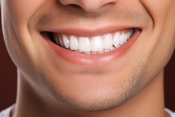 Perfectly white healthy teeth of a smiling man close-up. Portrait with selective focus and copy space