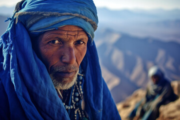 Adult Tuareg man in authentic national blue clothes. Background with selective focus. AI generated,...