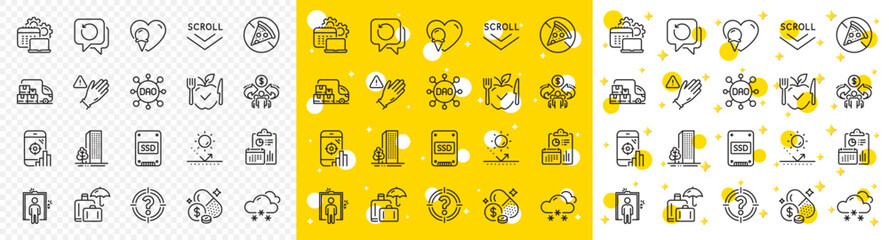 Outline Snow weather, Elevator and Recovery data line icons pack for web with Scroll down, Software, Ice cream line icon. Report, Headhunter, Vegetarian food pictogram icon. Vector