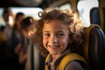 Fototapeta na wymiar Girl on a blurred background of the bus. Back To School concept. Background with selective focus
