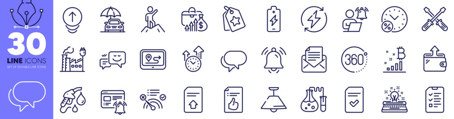 Loan percent, Salary and Battery charging line icons pack. Checked file, Screwdriverl, Renewable power web icon. Wallet, Gps, 360 degrees pictogram. Notification bell, Talk bubble, Leadership. Vector