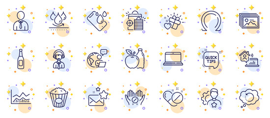 Outline set of Outsource work, Waterproof and Apple line icons for web app. Include Quick tips, Recovery data, Seo shopping pictogram icons. Shipping support, Popcorn, Human signs. Omega. Vector