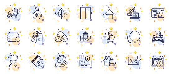 Outline set of Market location, Usa close borders and Recovery server line icons for web app. Include Chat message, Organic tested, Teamwork pictogram icons. Furniture moving. Vector
