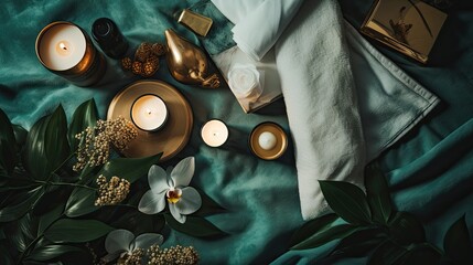 A top-down view of a luxurious spa setting, showcasing plush towels, scented oils, and carefully arranged bath products, against a backdrop of soft, calming colors with copy space. Generative AI. 