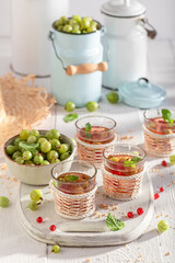 Homemade lemonade with gooseberries, redcurrant and mint.