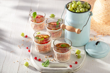 Fresh lemonade with gooseberries, redcurrant and mint.