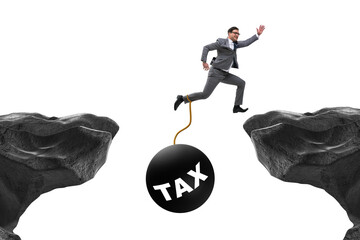 Concept of tax burden with businessman over chasm