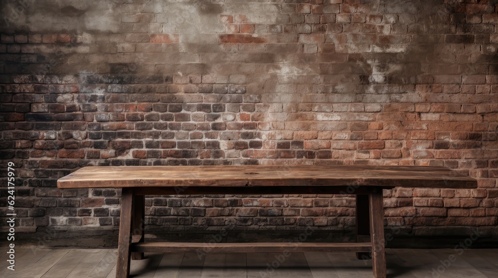 Sticker rustic wood table against weathered brick backdrop. generative ai