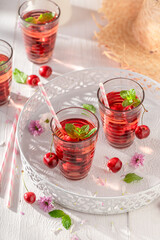 Sweet lemonade with sweet cherries and mint.