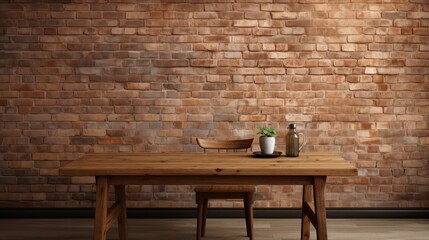 Rustic wood table against weathered brick backdrop. Generative AI