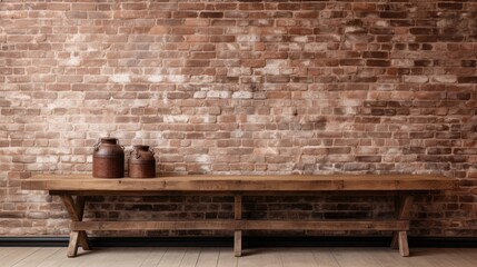 Obraz na płótnie Canvas Rustic wood table against weathered brick backdrop. Generative AI