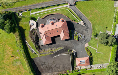 Luxury countryside rural village aerial view from above in Quarriers Village in Scotland