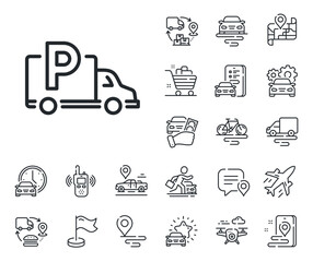 Car park sign. Plane, supply chain and place location outline icons. Truck parking line icon. Transport place symbol. Truck parking line sign. Taxi transport, rent a bike icon. Travel map. Vector