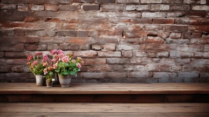 Fototapeta na wymiar Rustic wood table against weathered brick backdrop. Generative AI