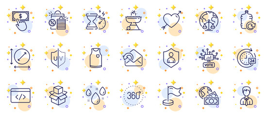 Outline set of Packing boxes, Shopping bags and Global business line icons for web app. Include Seo script, Love, 360 degrees pictogram icons. Milestone, Hourglass timer, Security signs. Vector