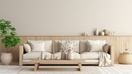 Fototapeta na wymiar Scandinavian farmhouse style beige living room interior with natural wooden furniture. Mock up plaster wall background. Generative AI