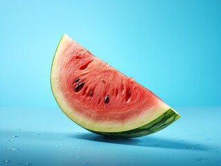 Fototapeta na wymiar A piece of watermelon on summer colorful background tones. Generative ai