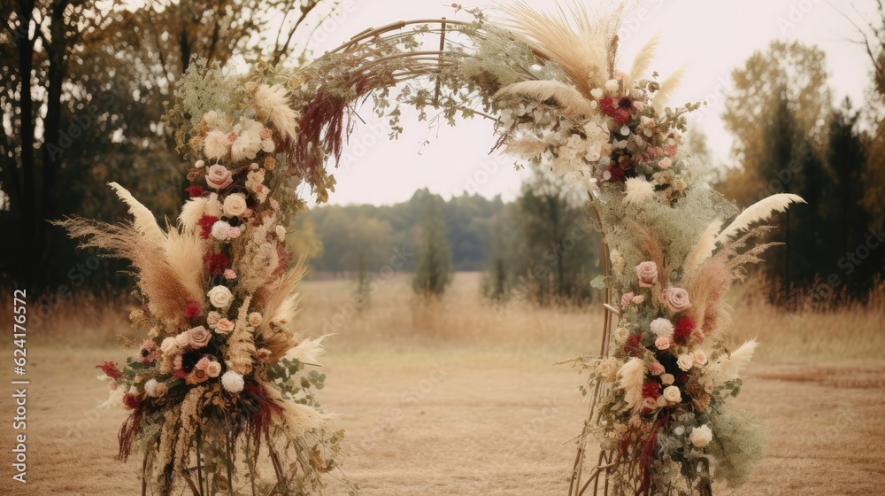 Wall mural Wedding ceremony boho rustic style arch with flowers and plants, flower bouquets. Generative AI