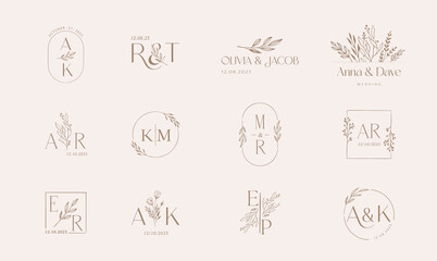 Wedding logos, hand drawn elegant, delicate and minimalist monogram collection - obrazy, fototapety, plakaty