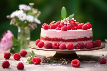 Raw vegan raspberry cake with berries and seeds, raw dessert, diet, gluten free, vegetarian food,...