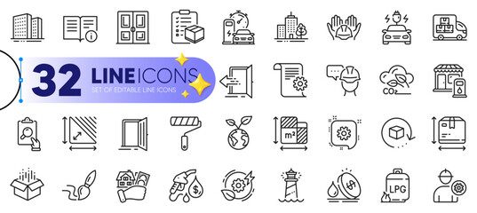 Outline set of Buying house, Petrol station and Brush line icons for web with Buildings, Technical documentation, Floor plan thin icon. Builders union, Car charging. Vector