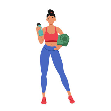Active Woman Equipped With A Mat And Water Bottle, Female Character Ready To Engage In Fitness Activities
