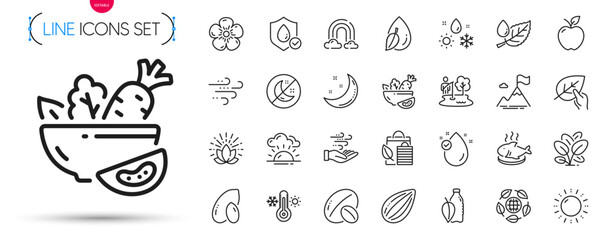 Pack of Weather, Organic tested and Waterproof line icons. Include Rainbow, Lotus, Fish dish pictogram icons. Bio shopping, Wind energy, Spinach signs. Soy nut, Insomnia, Leaf dew. Vector